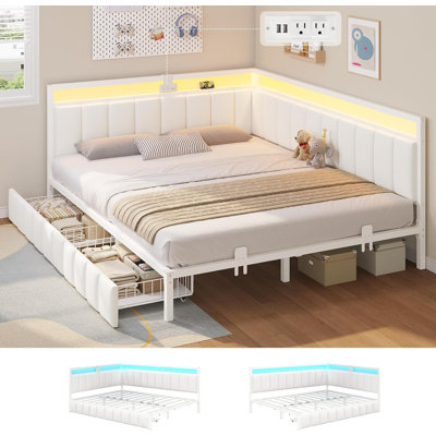 Queen-size Corner Bed With Storage Drawers, Queen-size Sofa Bed With Upholstered Railings, Bed Unit With Led Lights And Charging Station, Modern Queen-size Bed Frame, Beige
