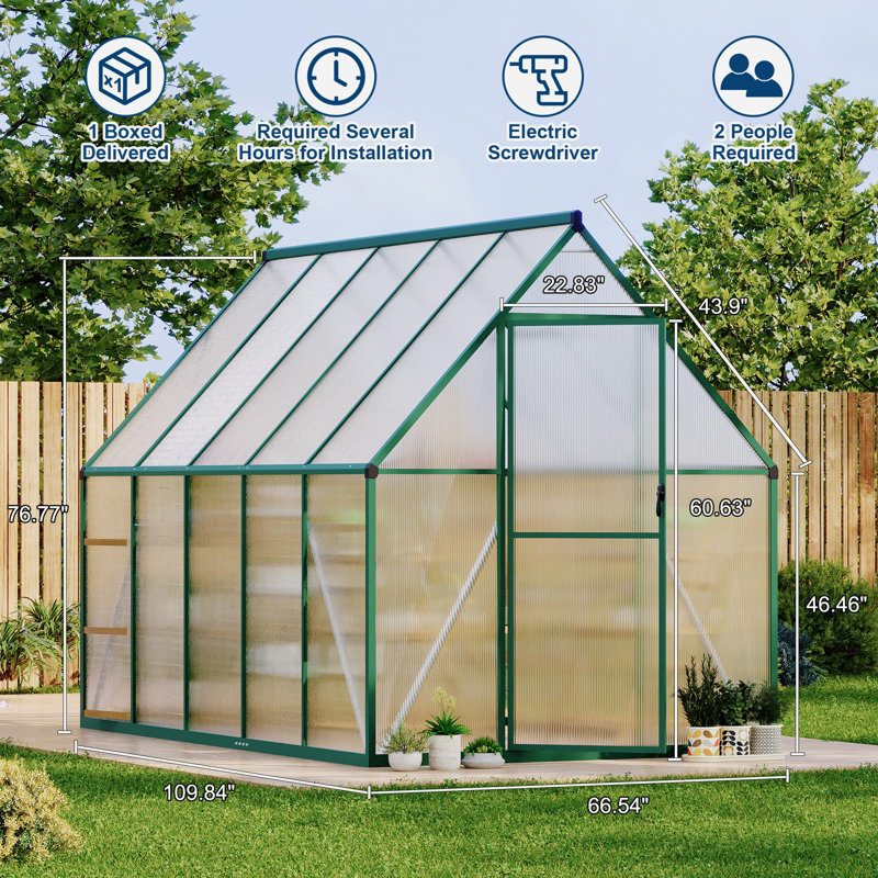 Serre en polycarbonate robuste de 6 pi x 9 pi - Cadre en aluminium, portes à double battant, évent de toit, gouttière, installation facile rapide, pour les plantes de jardin, vert