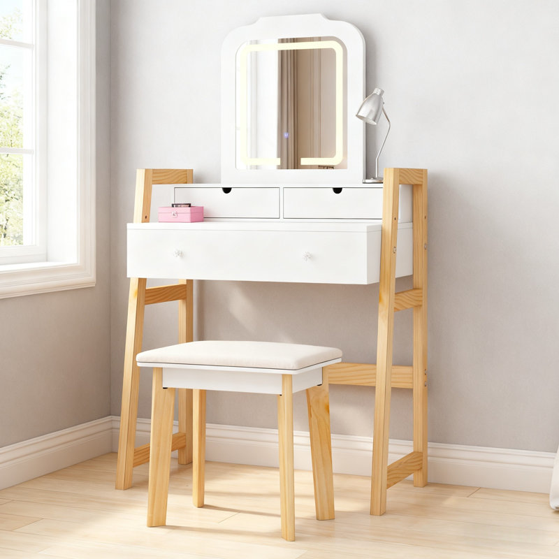 Ensemble de coiffeuse avec miroir à DEL, coiffeuse et tabouret avec 3 réglages de lumière, hauteur réglable