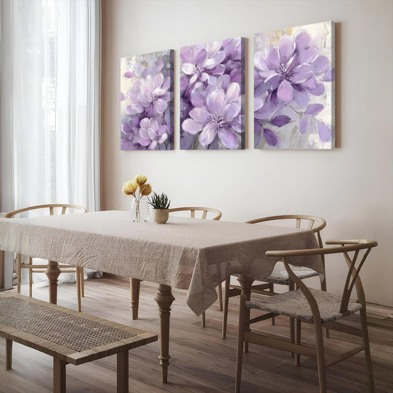 Tableau mural sur toile à motifs floraux violets (paquet de 3), H 24 po x l 48 po