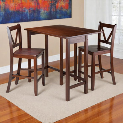 Irmhild Walnut 3-Piece Drop Leaf Table with V-Back Counter Stools