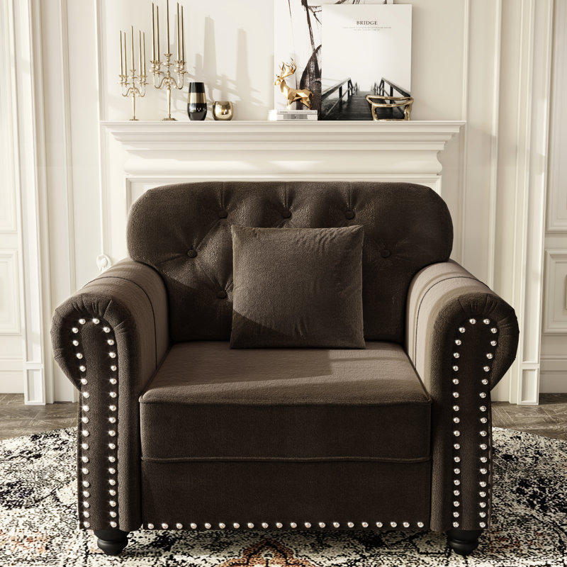 Velours tapissier simple de 41,3 po, brun, style moderne Mid-Century, garniture cloutée, roulé, bouton, cadre, rembourrage à ressorts et éponge brun