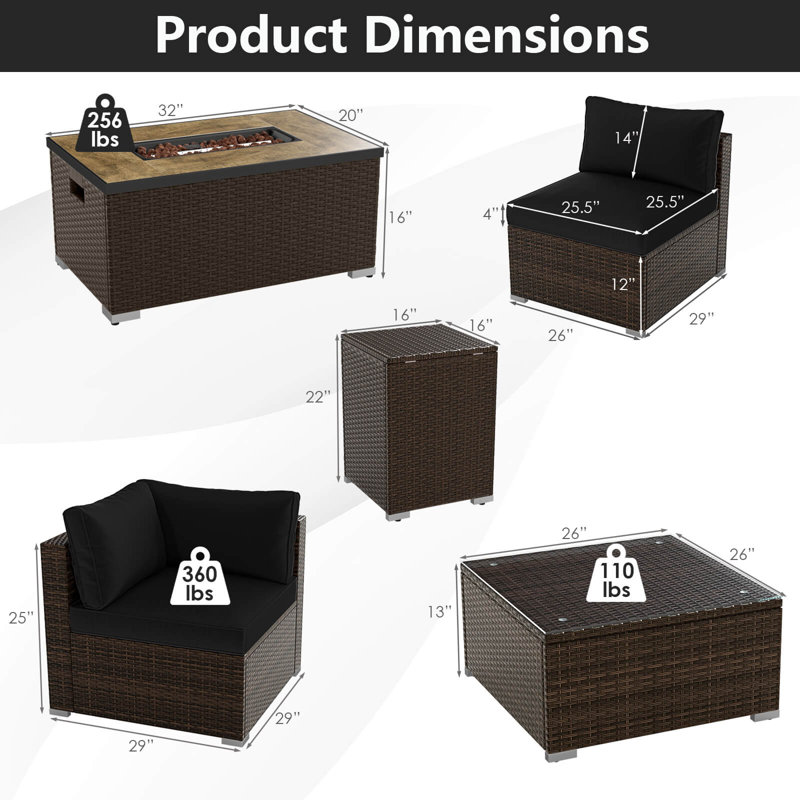 Ensemble de meubles d'extérieur 7 pièces avec table de foyer et couvercle de réservoir de propane noir, Noir