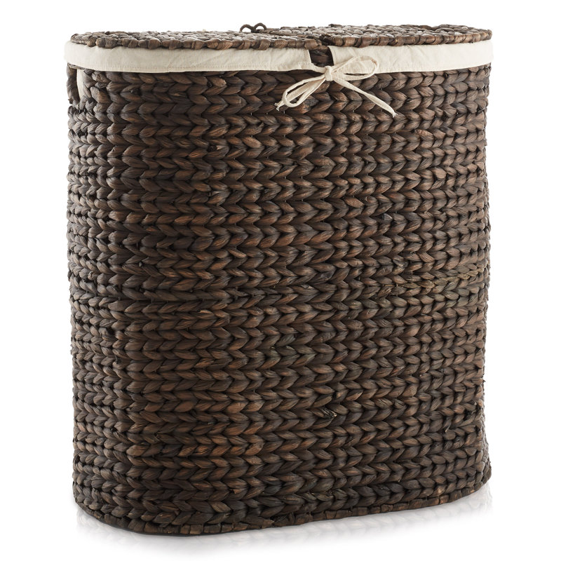 Casafield Oval Laundry Hamper with Lid, 2-Section Water Hyacinth Laundry Basket, Brown