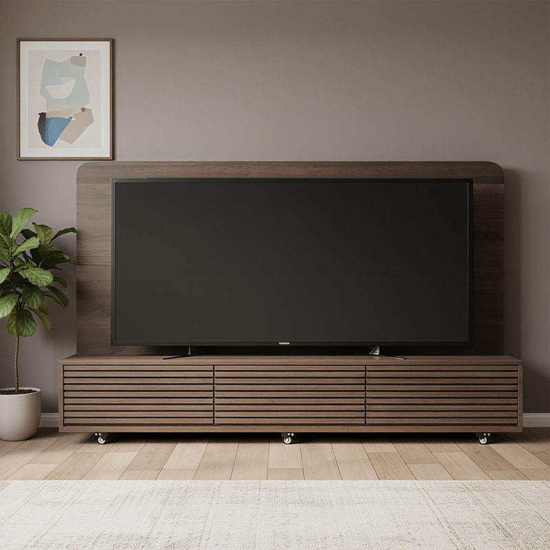 Mid-Century Modern Walnut Grain Finish TV Stand With Backboard ，3 Pull-Out Drawers With Slatted Drawer Fronts, Rolling Casters
