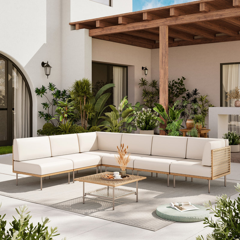 Ensemble de conversation modulaire d'extérieur pour 6 personnes avec coussins Janski, Beige