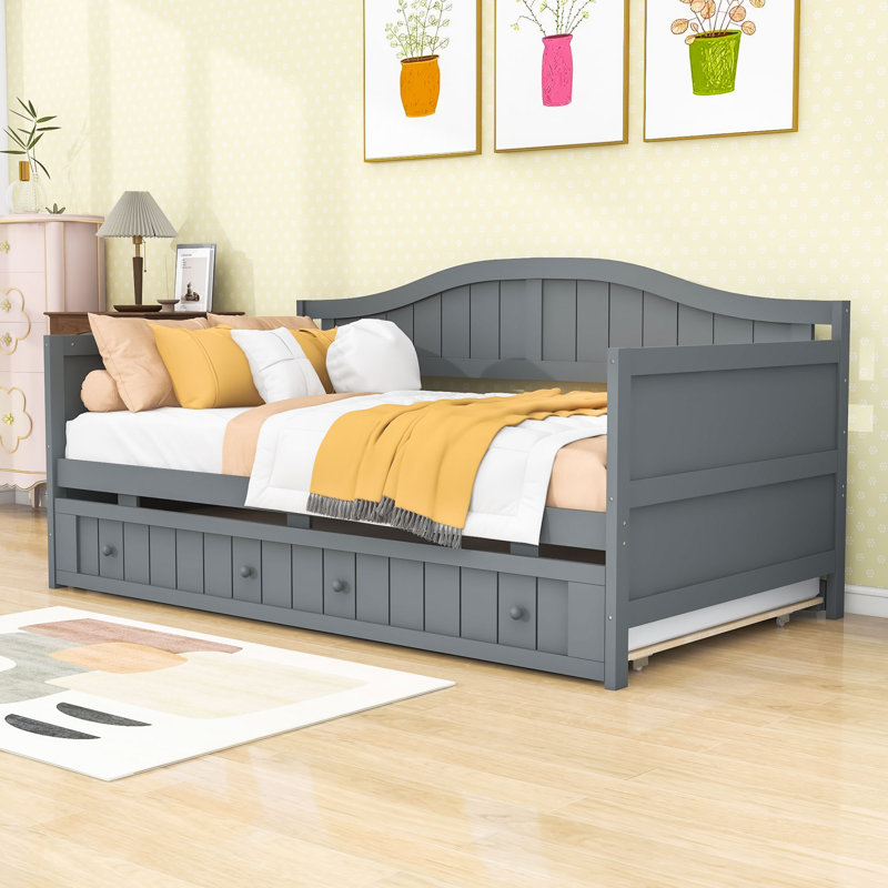 Elegant Twin Wood Daybed with Twin Trundle, Gray