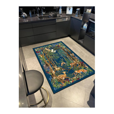 Blue Geometric And Botanical Animal Patterned Decorative Washable Carpet