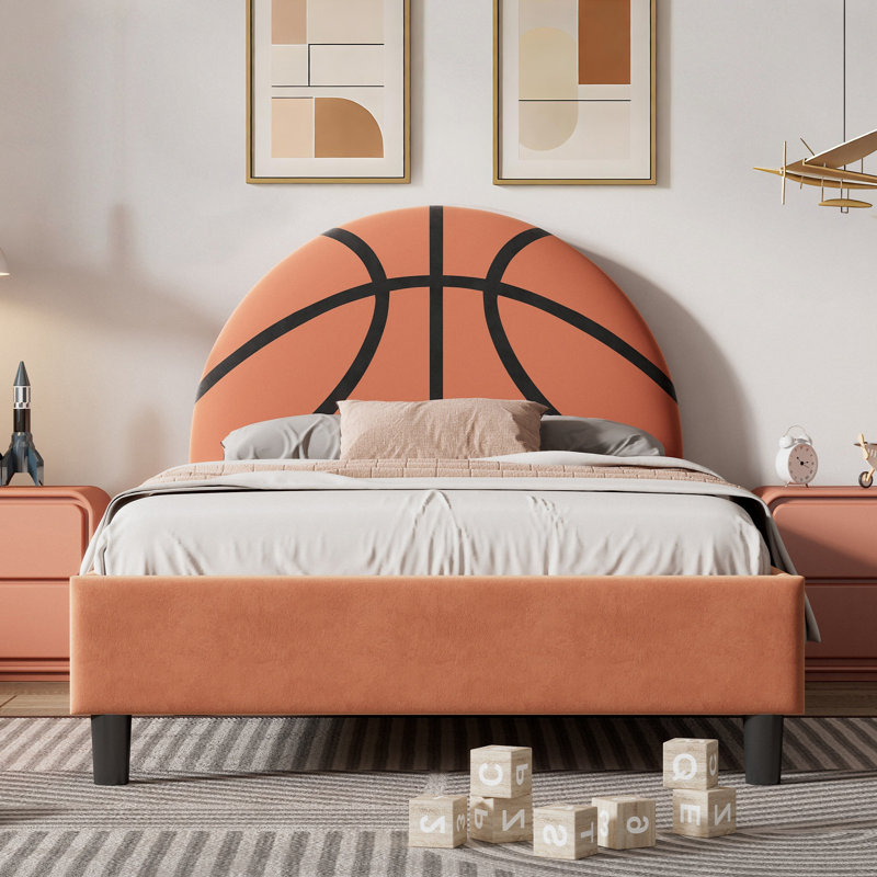 Lit plateforme tapissier Basketball Design pour enfants et garçons, adolescents, orange