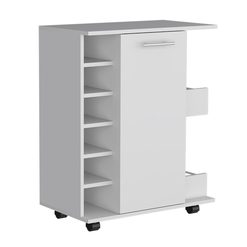 Selden Bar Cart with Casters, 6 Built-in Wine Racks, 2-side Open Shelves and Single-Door Cabinet, White