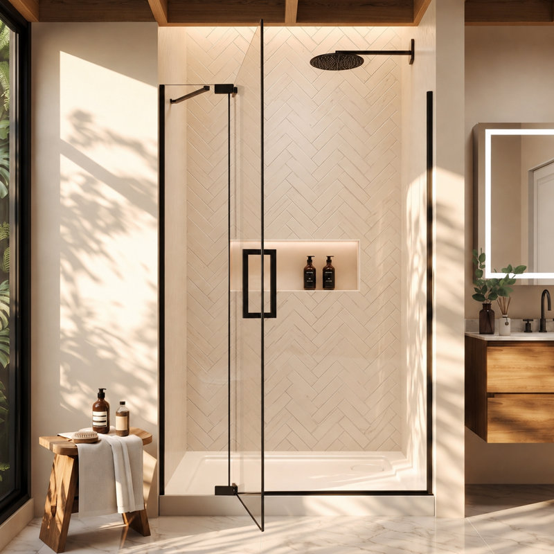 Porte de douche sans cadre à pivot, verre trempé de 5/16 po avec couvercle ouvert, noir mat, H 70 po x l 48 po, Noir mat