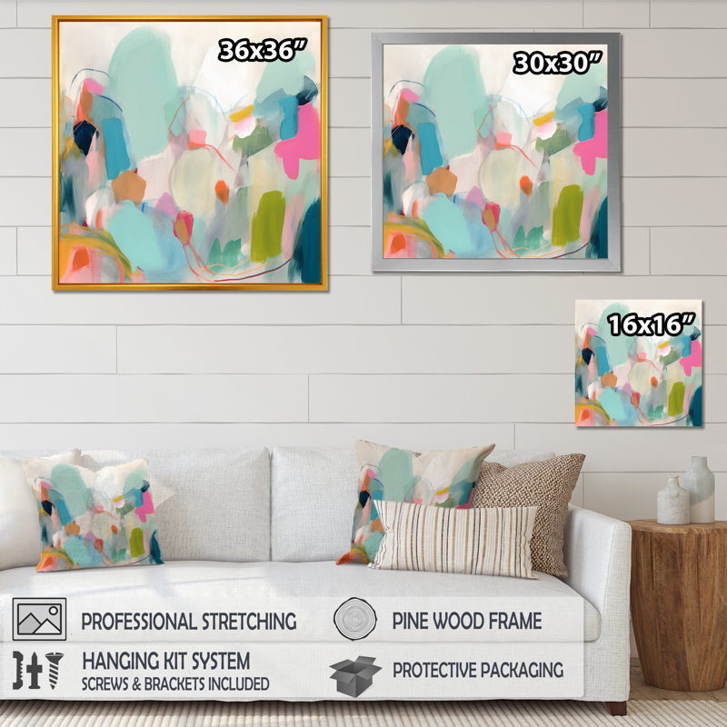 «Pink Blue Minimalims Fludity III», reproduction d'art sur toile, H 36 po x l 36 po, Reproduction avec cadre flottant, Doré