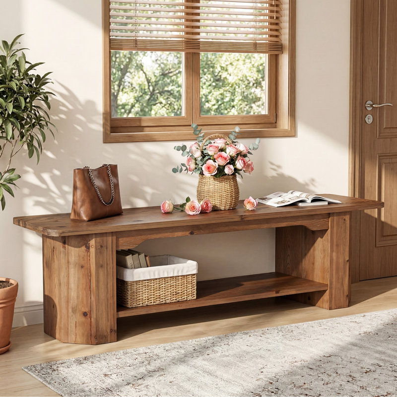 Banc de 63 po en bois massif avec tablettes ouvertes, banc de bout à 2 niveaux