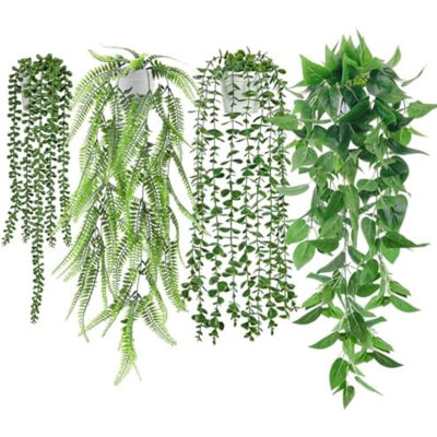 4Pcs Fake Plants Hanging Artificial Ivy Vine Faux Eucalyptus Hanging Plants, Boston Fern, String Of Pearls For Living Room Bedroom Boho Wall Shelf Indoor Outdoor Decor (White Pots)