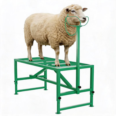Heavy Duty Adjustable Livestock Milking & Grooming Stand – 47x23 Inch Hoof Trimming & Shearing Table with Headpiece & Nose Loop, 21"-33" Height, 500lbs Capacity – Green, Includes Gloves