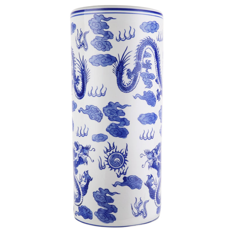 Oriental Porcelain Umbrella Stand with Blue and White Dragon