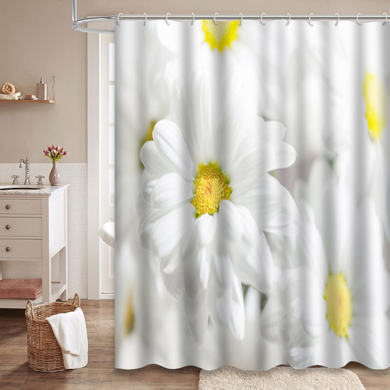Magnifique rideau de douche à motif de marguerites blanches avec 12 crochets, L 72 po x l 84 po