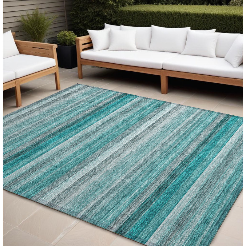 Tapis intérieur / extérieur 9 pi x 12 pi rayé bleu sarcelle lavable antidérapant