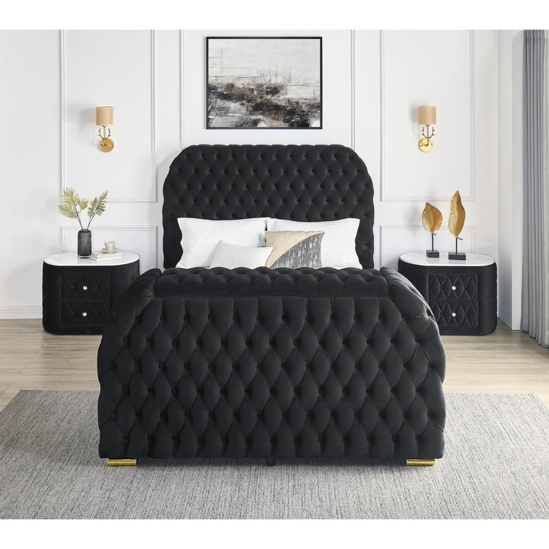 Mobilier de chambre à coucher encastré en velours noir avec télévision et 1 lit luxueux, Noir, noir, noir, noir, Grand lit