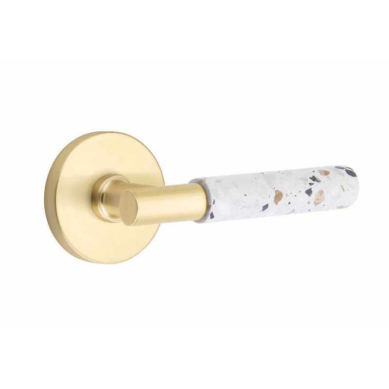 Ensemble de faux levier Emtek Select, rosette à disque, tige en T, poignée en terrazzo clair, Laiton satiné / terrazzo clair