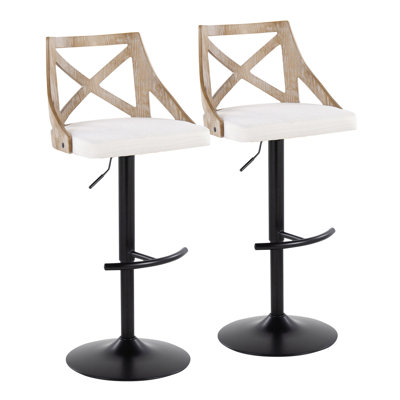 Tabouret de bar réglable en métal, bois lavé et tissu crème avec repose-pieds arrondi en T - ensemble de 2