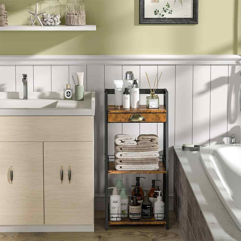 Étagère De Rangement à 3 Niveaux Avec Porte-papier Et Crochets - Cadre En Métal Noir