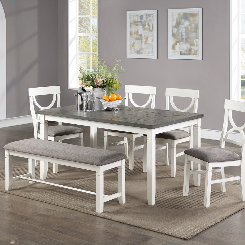 Table de salle à manger 6 pièces avec 4 chaises et un banc en bois d'hévéa