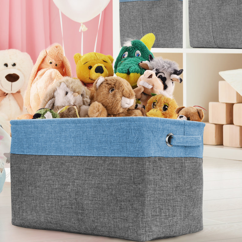 Aqua and Gray Fabric Collapsible Storage Bins with Handles, Set of 3