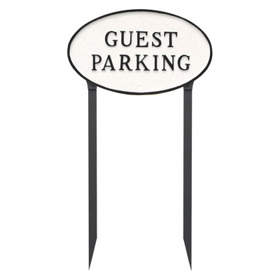 Grande enseigne ovale de 10 po x 18 po pour le stationnement des invités avec piquets de pelouse - blanc / noir