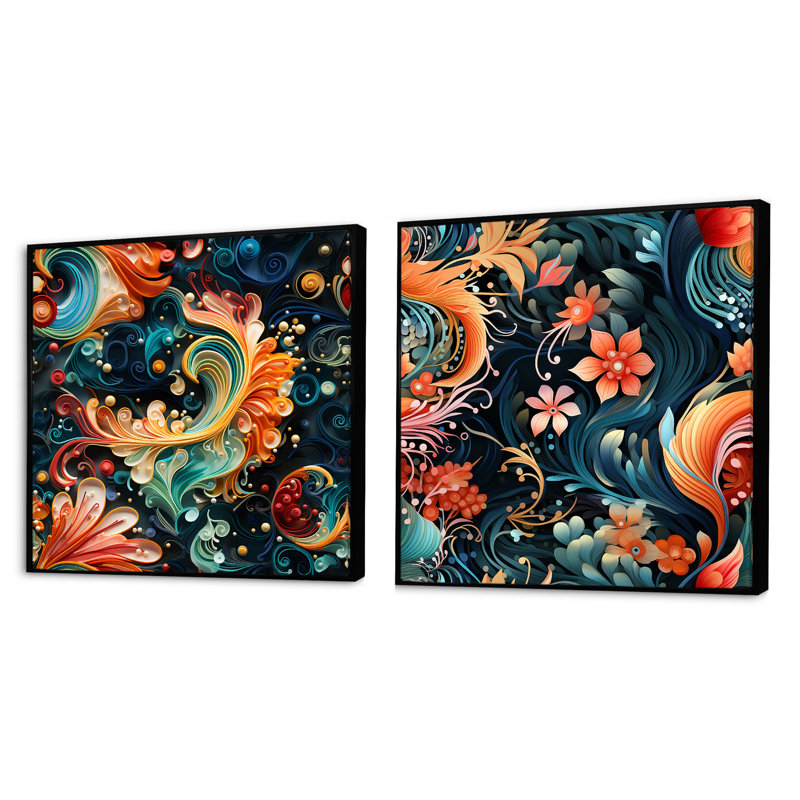 Gallego - Ensemble de 2 collages floraux et botaniques carrés, Cadre flottant noir, H 16 po x l 33 po