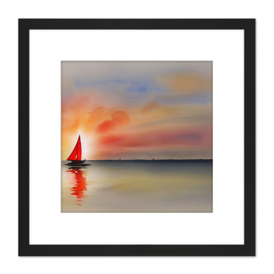 Into the Sun Watercolour Red Sail Boat Sea 1 Piece Single Picture Frame Wall Art