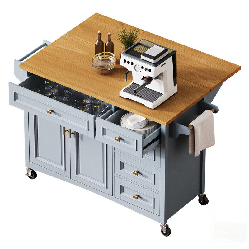 Kitchen Island With Drop Leaf, Embossed Texture, Wheels, Spice Rack, Towel Rack, Doors, And Drawers For Storage And Convenience