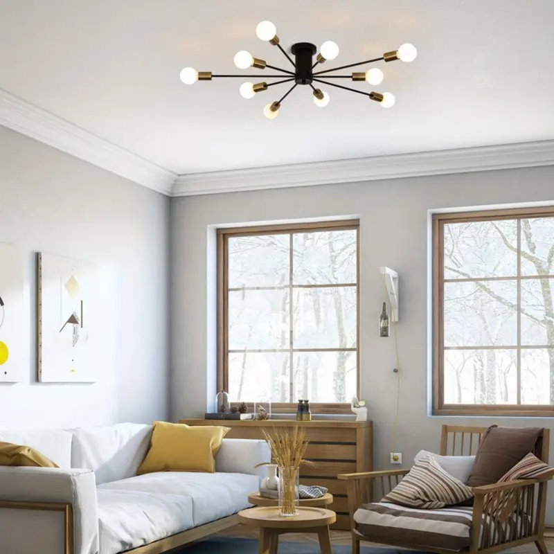 Modern Sputnik Ceiling Light, 10-Light Mid Century Sputnik Chandelier Industrial Semi Flush Mount Ceiling Light Fixture for Living Room Kitchen Bedroom Farmhouse Dining Room(Black+Gold)