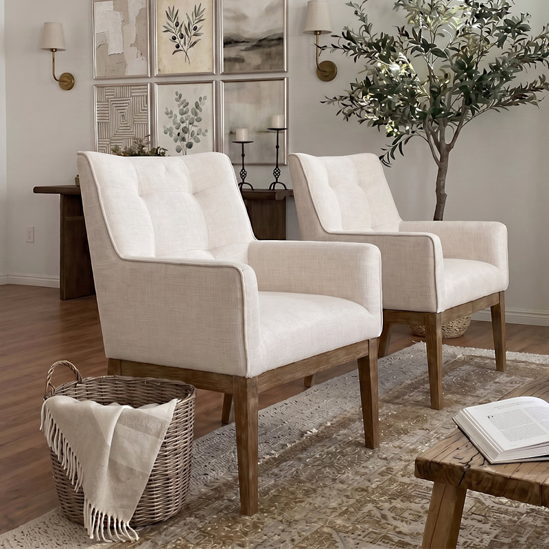 Fauteuil rembourré en bois de tweed rembourré, Beige
