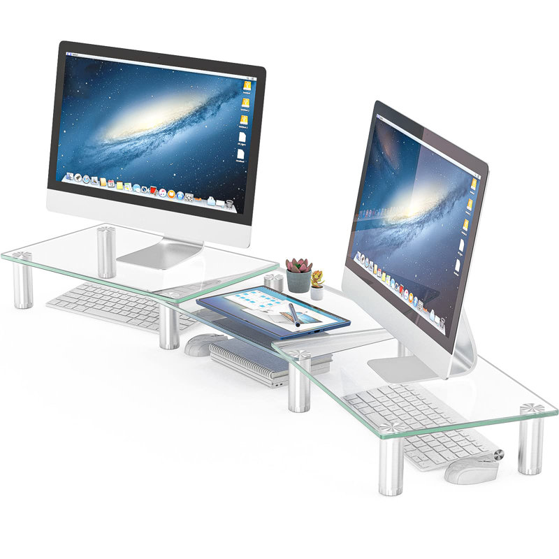 Dual Monitor Stand -Adjustable Length And Angle Dual Monitor Riser, Desktop Organizer