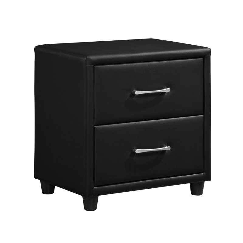 Table de chevet noire en similicuir avec 2 tiroirs et poignées argentées pour chambre à coucher moderne avec 2 poignées élégantes