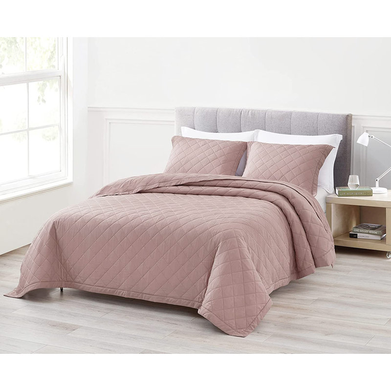 3 Piece Diamond Stitch Lightweight Cooling Quilt Set, Queen Quilt + 2 Standard Shams, Woodrose