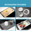 Évier de cuisine en acier inoxydable 33 x 22 à cuve simple en noir, sur comptoir avec planche à découper, offrant un évier noir pratique, améliorant le confort et le fonctionnement silencieux
