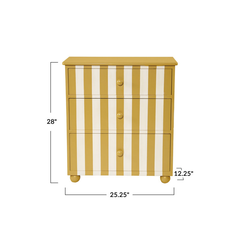 Commode rayée en bois avec 3 tiroirs et pieds en forme de boule