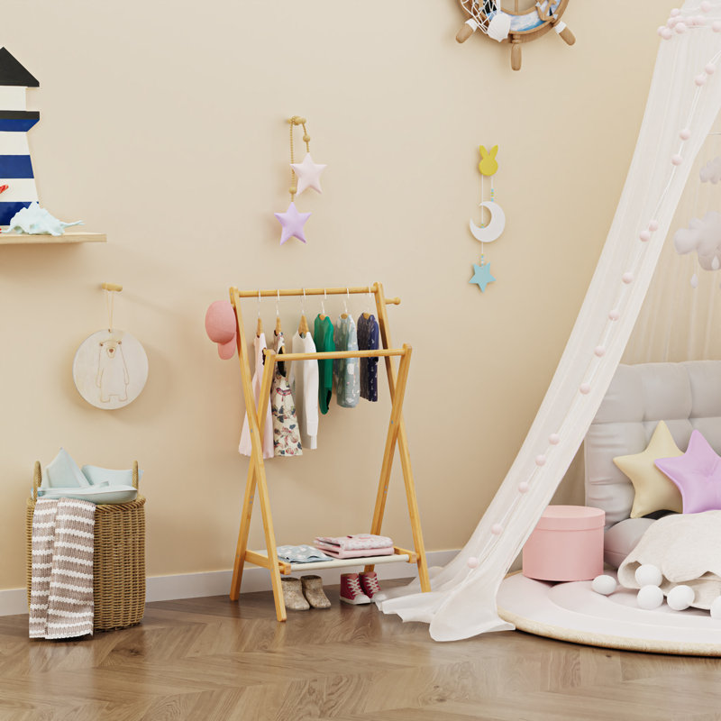 Eabha 21.6''W Foldable Kids Clothes Rack with Double Rods & Storage Shelf
