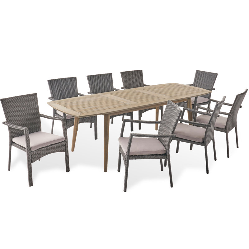 8 - Person Acacia Wicker Patio Dining Set with Extendable Rectangular Table , Cushions Included