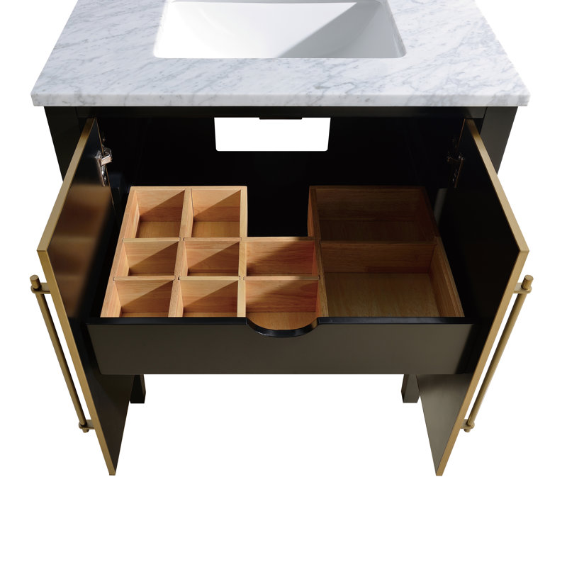 Mason 30" Single Bathroom Vanity with Carrara Marble Top, Navy Blue, Carrara White, Matte Gold