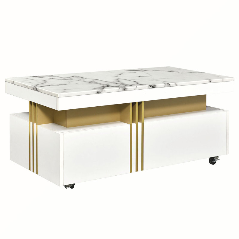 Storage Coffee Table With 2 Drawers, White/Gold, White/Gray