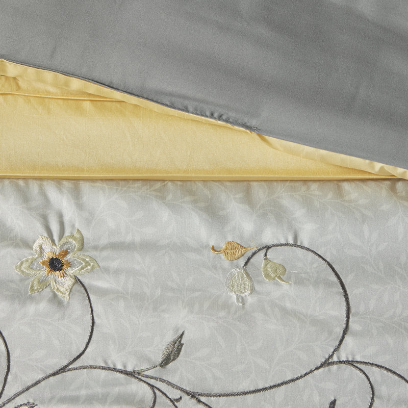 Queen Gray and Yellow Faux Silk 7-Piece Bedspread Set