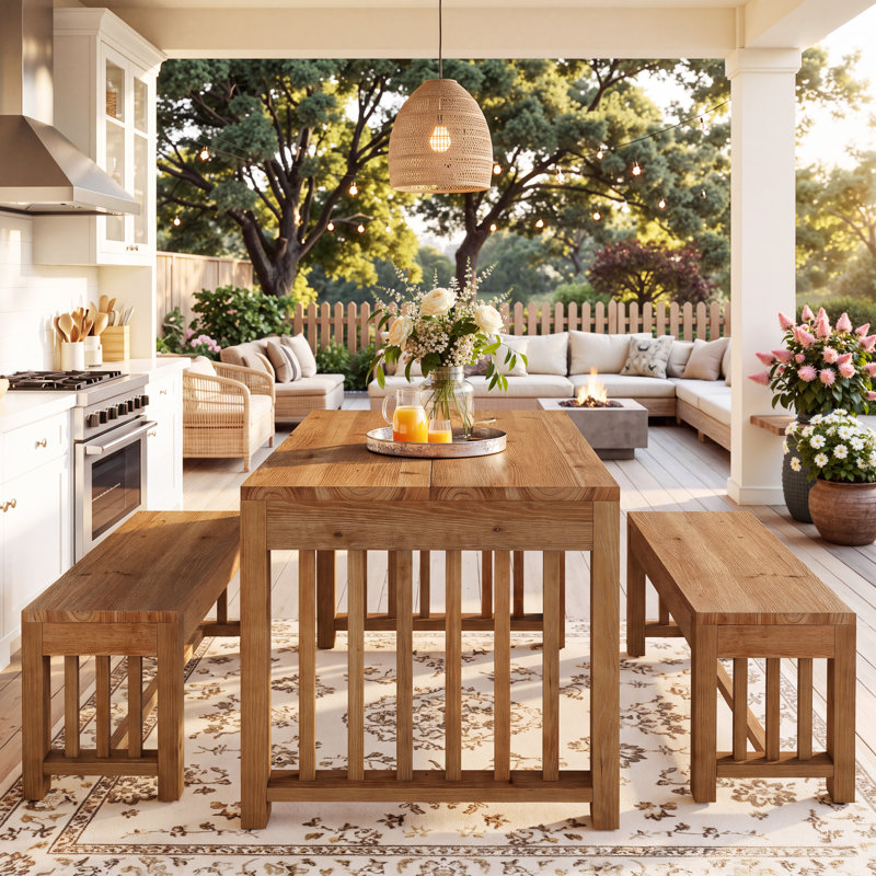 3-Piece Solid Wood Dining Table Set with Bench