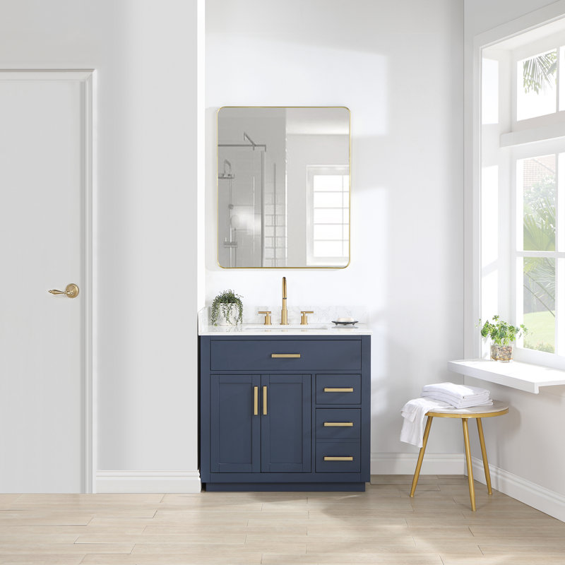 Ensemble de meuble-lavabo simple 36 po avec miroir Gavino, Bleu royal, Or