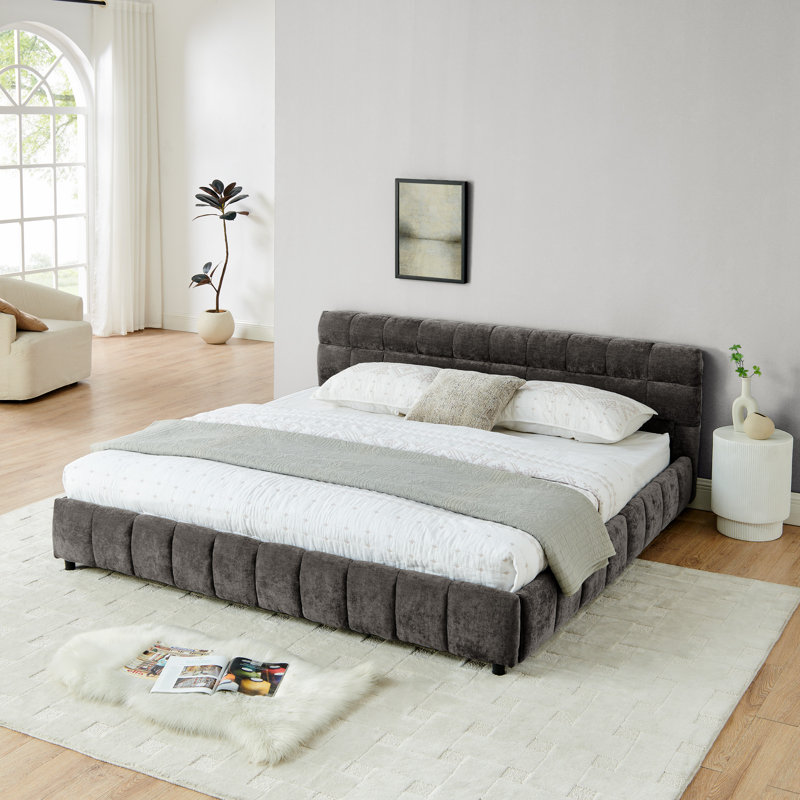 Huxley Chenille Upholstered Bed with Headboard & Storage Drawer, Dark Gray