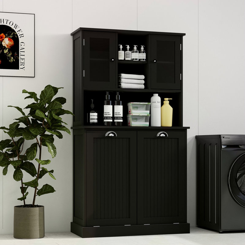 Armoire de salle de bain inclinable à deux compartiments avec panier à linge haut et 2 tablettes réglables, Noir