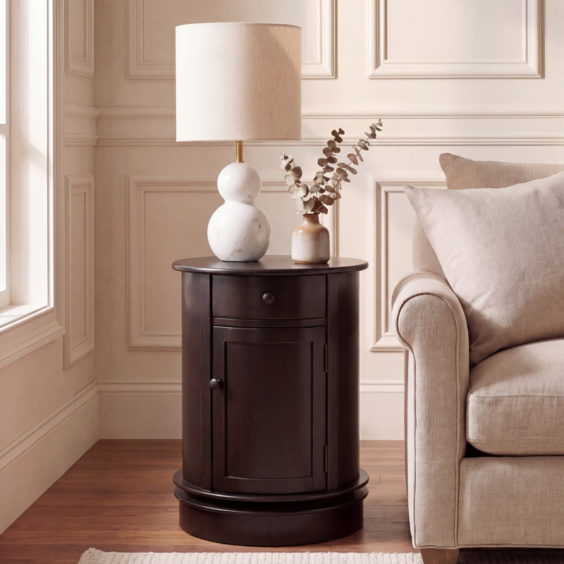 Regan Solid Wood Swivel Drum End Table with Storage, Distressed Black