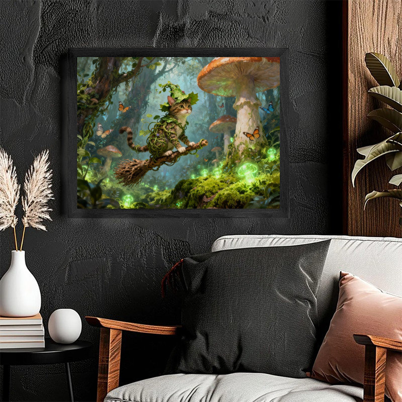 Art fantaisiste de chat noir et champignon noir, impression encadrée classique de forêt enchantée, H 13 po x l 17 po